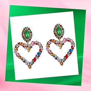 Pink & Green Rhinestone Heart Statement Earrings